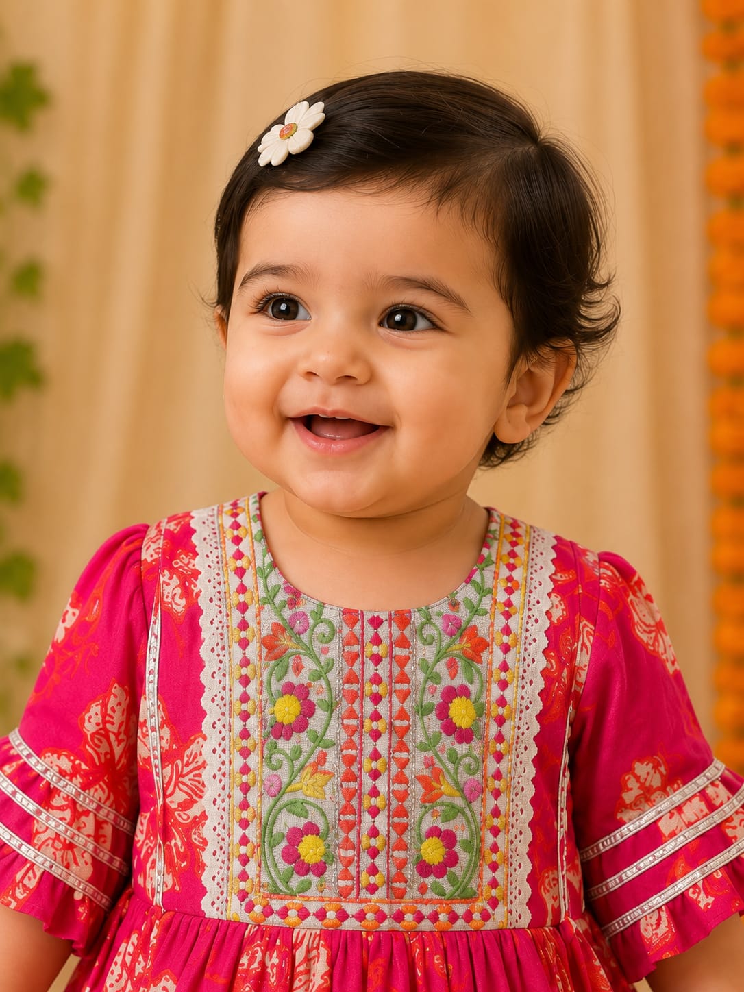 Toddler Girls' Festive Rani Pink Floral Peplum Kurti & Sharara Set