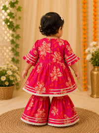 Toddler Girls' Festive Rani Pink Floral Peplum Kurti & Sharara Set