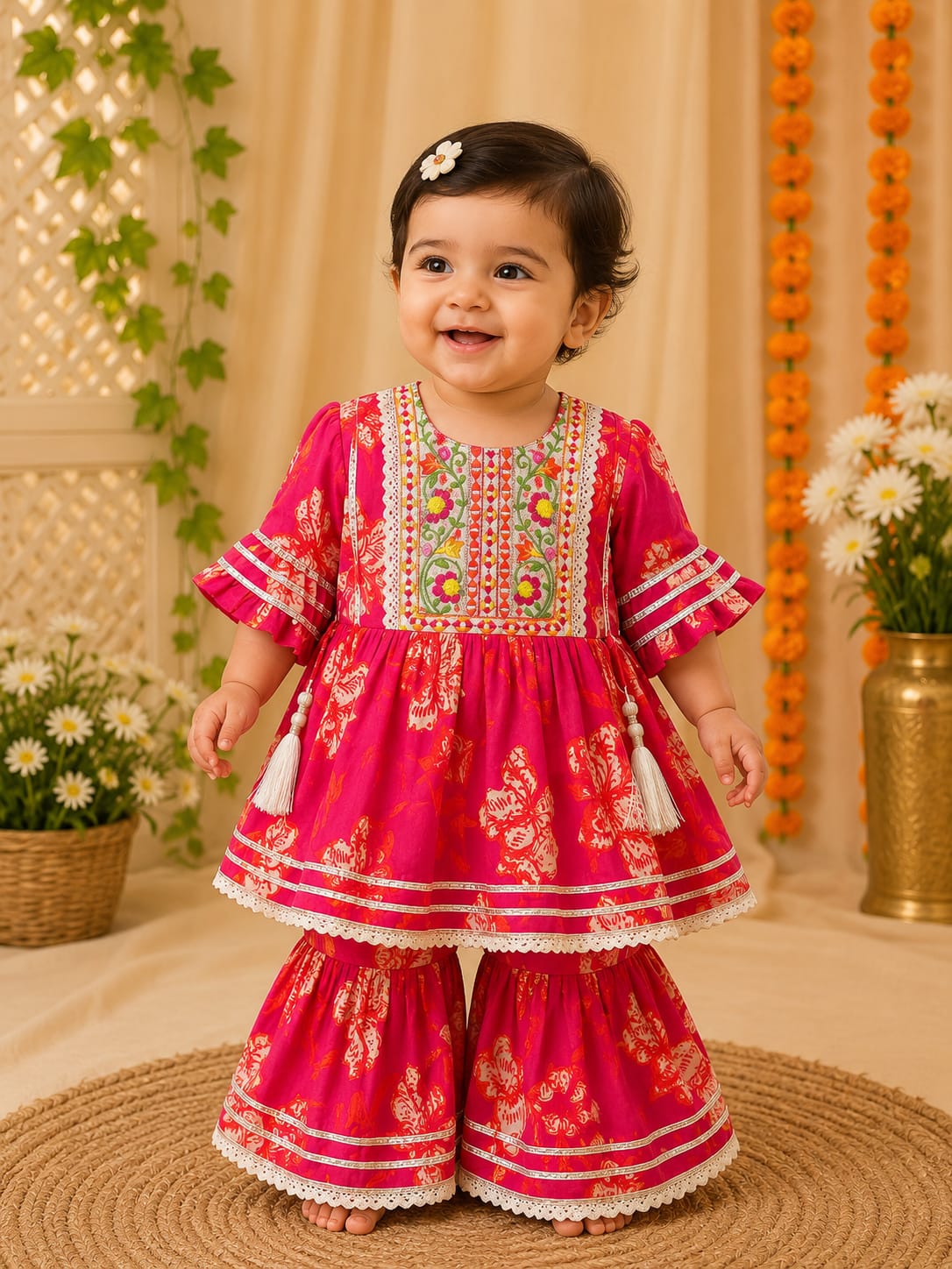 Toddler Girls' Festive Rani Pink Floral Peplum Kurti & Sharara Set
