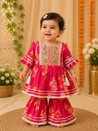 Toddler Girls' Festive Rani Pink Floral Peplum Kurti & Sharara Set