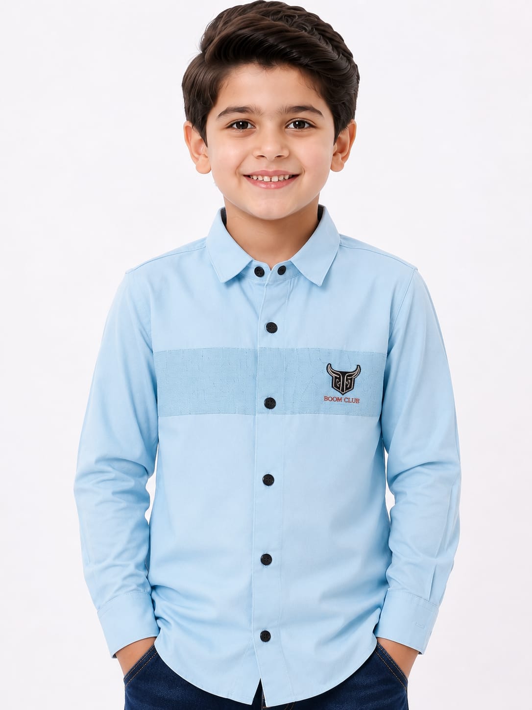 Boys Light Blue Textured Chest Panel Casual Shirt