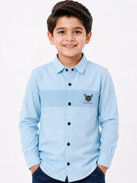 Boys Light Blue Textured Chest Panel Casual Shirt