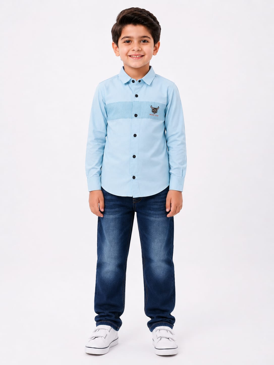Boys Light Blue Textured Chest Panel Casual Shirt