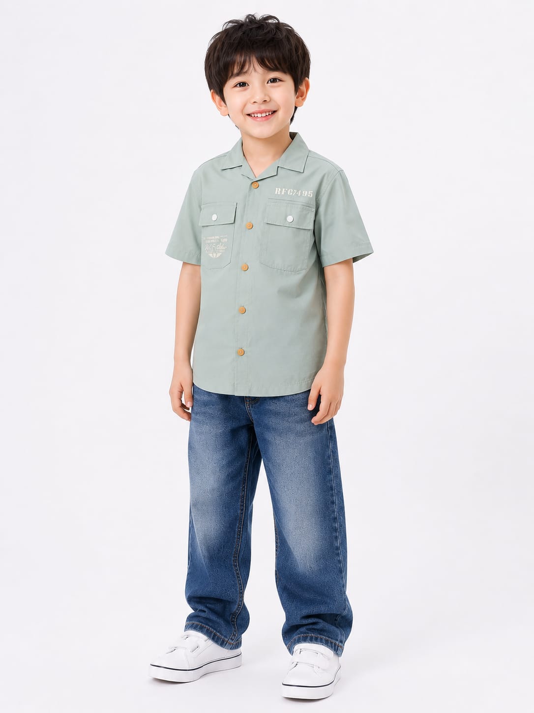 Boys' Utility-Style Sage Green Short-Sleeve Cuban Collar Shirt