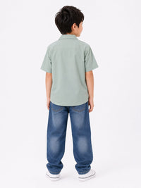 Boys' Utility-Style Sage Green Short-Sleeve Cuban Collar Shirt