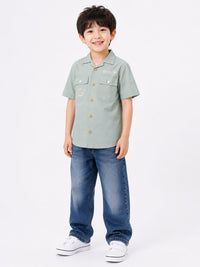 Boys' Utility-Style Sage Green Short-Sleeve Cuban Collar Shirt