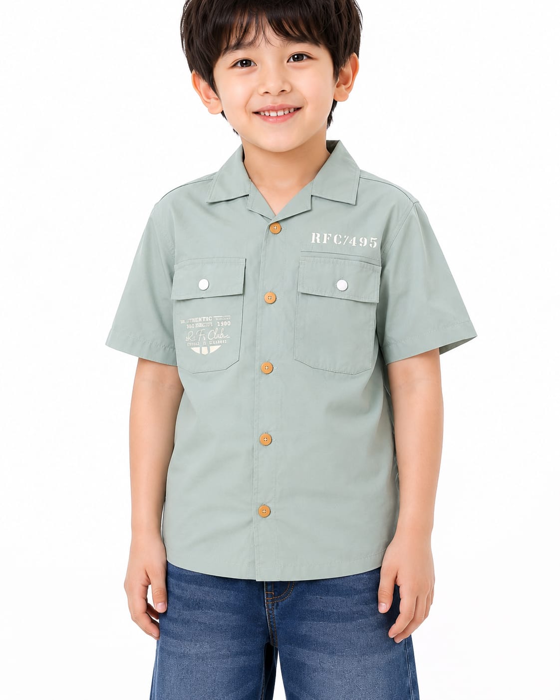 Boys' Utility-Style Sage Green Short-Sleeve Cuban Collar Shirt