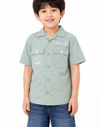Boys' Utility-Style Sage Green Short-Sleeve Cuban Collar Shirt