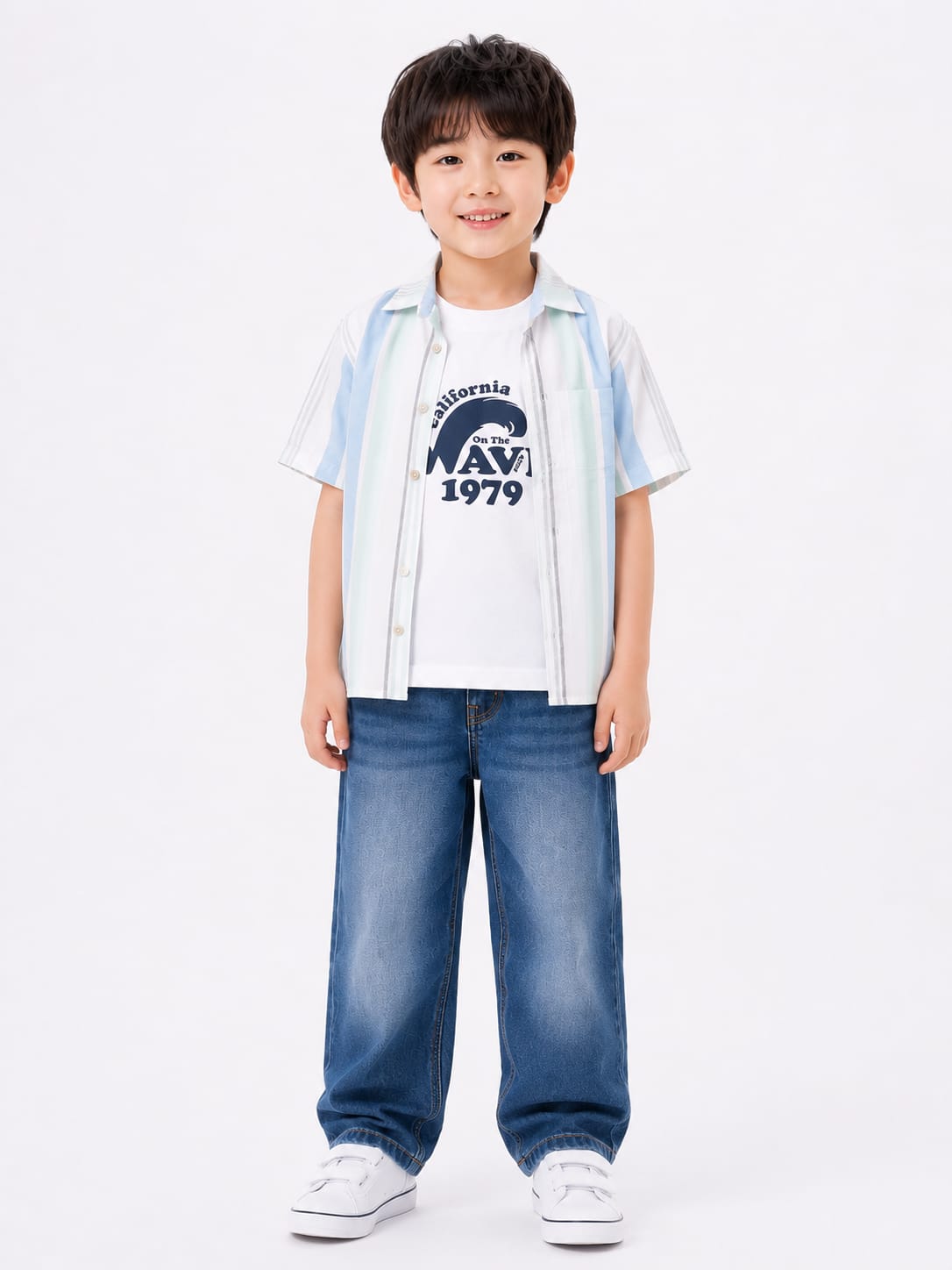 Boys' Pastel Vertical Striped Short-Sleeve Casual Shirt