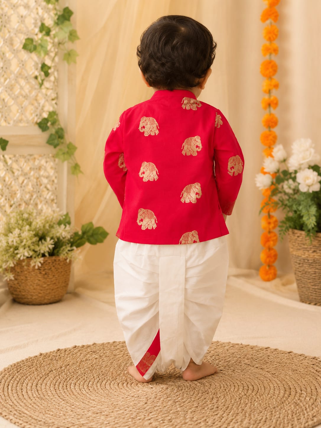 Toddler Boys' Festive Red Elephant Print Kurta & Dhoti Set