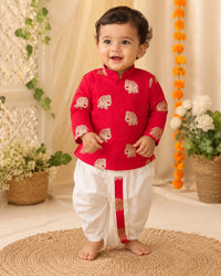 Toddler Boys' Festive Red Elephant Print Kurta & Dhoti Set