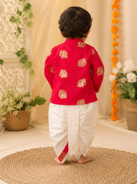 Toddler Boys' Festive Red Elephant Print Kurta & Dhoti Set