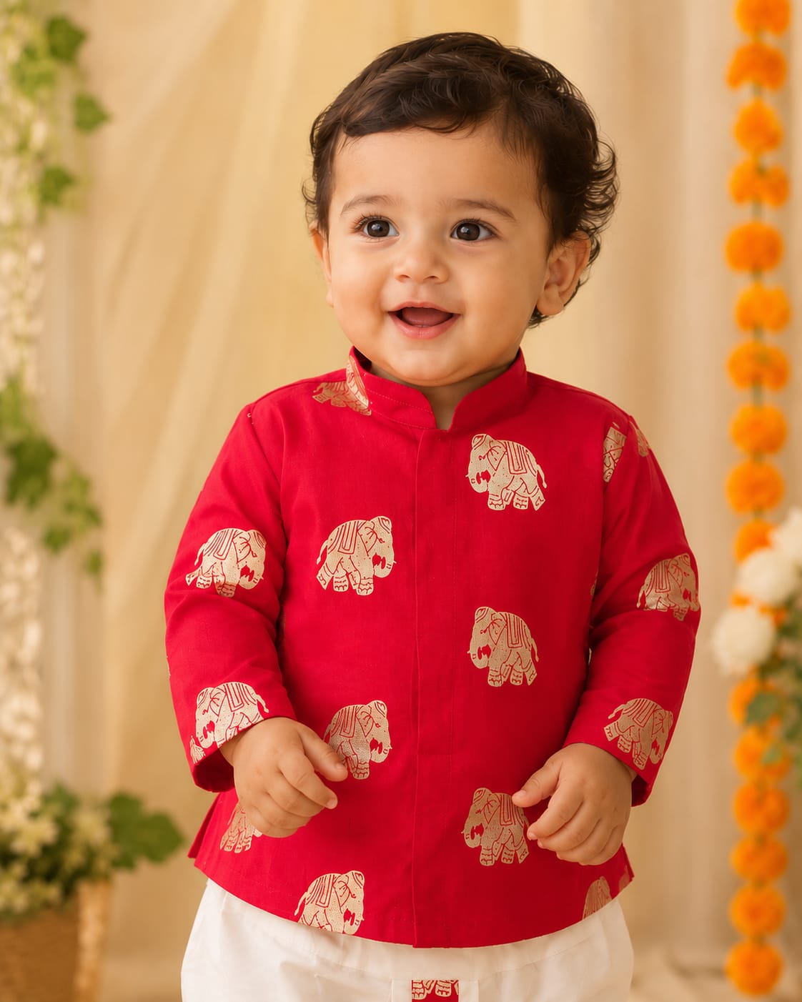 Toddler Boys' Festive Red Elephant Print Kurta & Dhoti Set