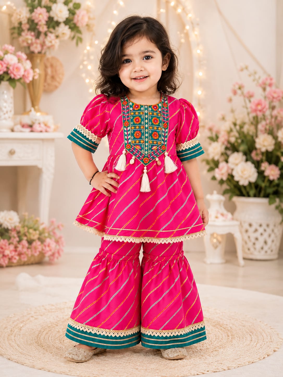 Girls' Rani Pink Leheriya Peplum Kurti & Sharara Set