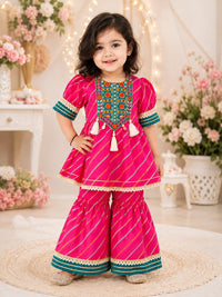 Girls' Rani Pink Leheriya Peplum Kurti & Sharara Set