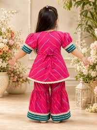 Girls' Rani Pink Leheriya Peplum Kurti & Sharara Set