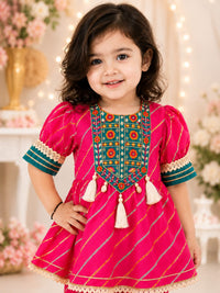 Girls' Rani Pink Leheriya Peplum Kurti & Sharara Set