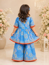 Girls' Sky Blue Ikat Print Peplum Kurti & Sharara Set