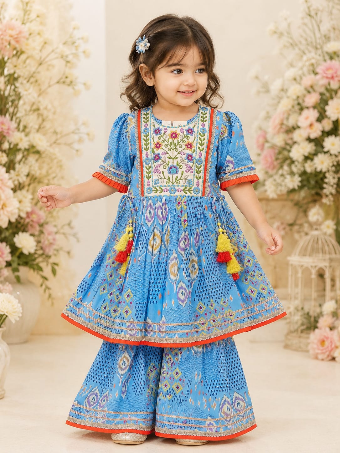 Girls' Sky Blue Ikat Print Peplum Kurti & Sharara Set