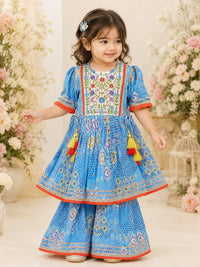 Girls' Sky Blue Ikat Print Peplum Kurti & Sharara Set