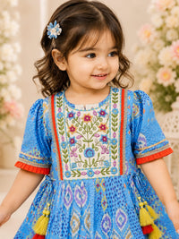 Girls' Sky Blue Ikat Print Peplum Kurti & Sharara Set