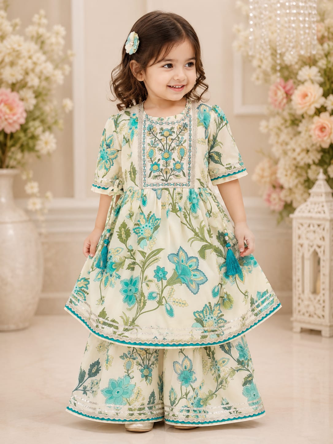 Girls' Floral Print Anarkali Kurti & Sharara Set