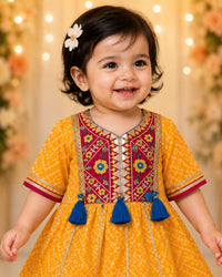 Toddler Girls' Mustard Yellow Bandhani Frock Kurti & Sharara Set