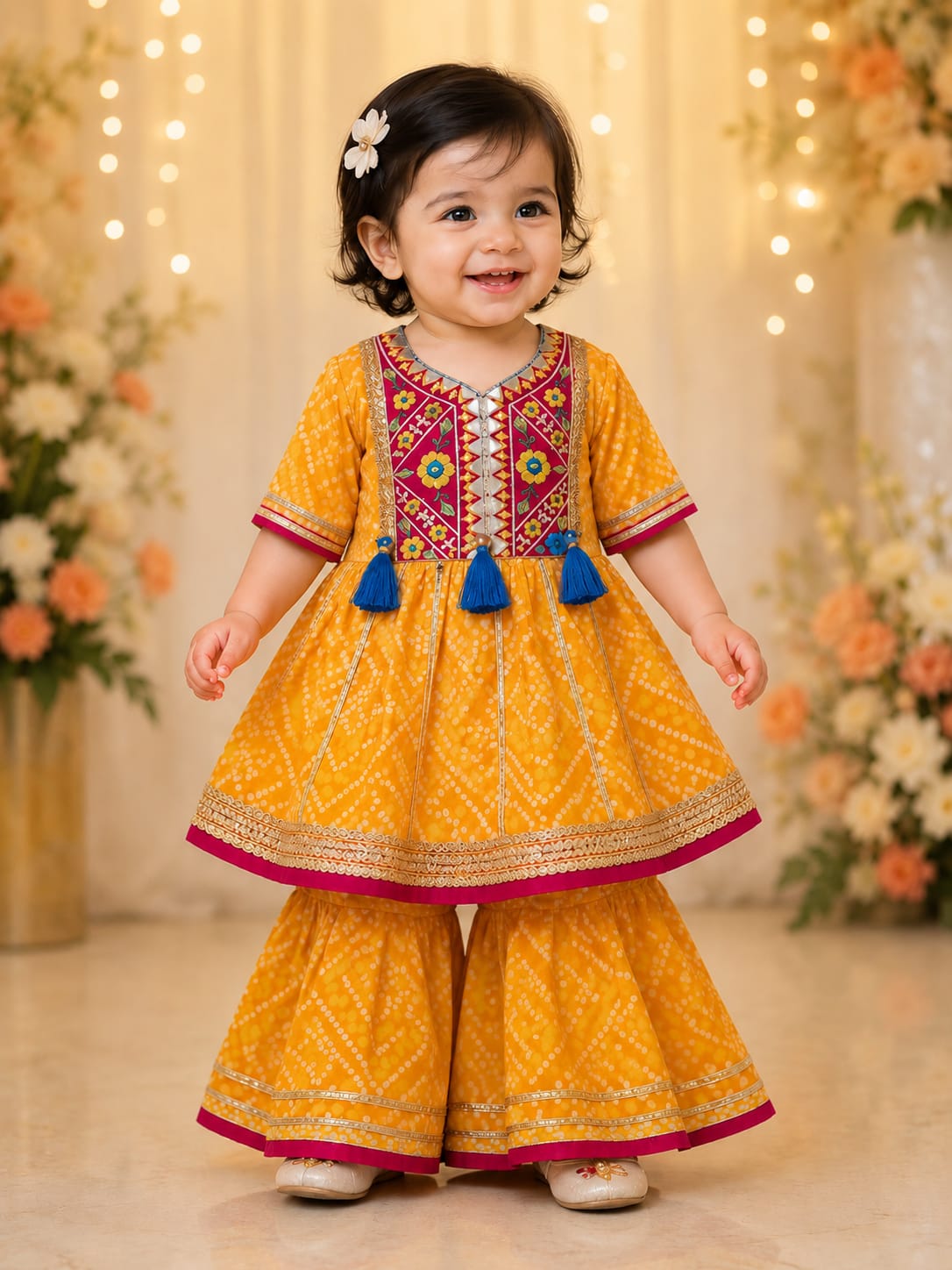 Toddler Girls' Mustard Yellow Bandhani Frock Kurti & Sharara Set
