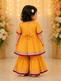 Toddler Girls' Mustard Yellow Bandhani Frock Kurti & Sharara Set