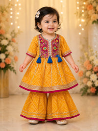 Toddler Girls' Mustard Yellow Bandhani Frock Kurti & Sharara Set
