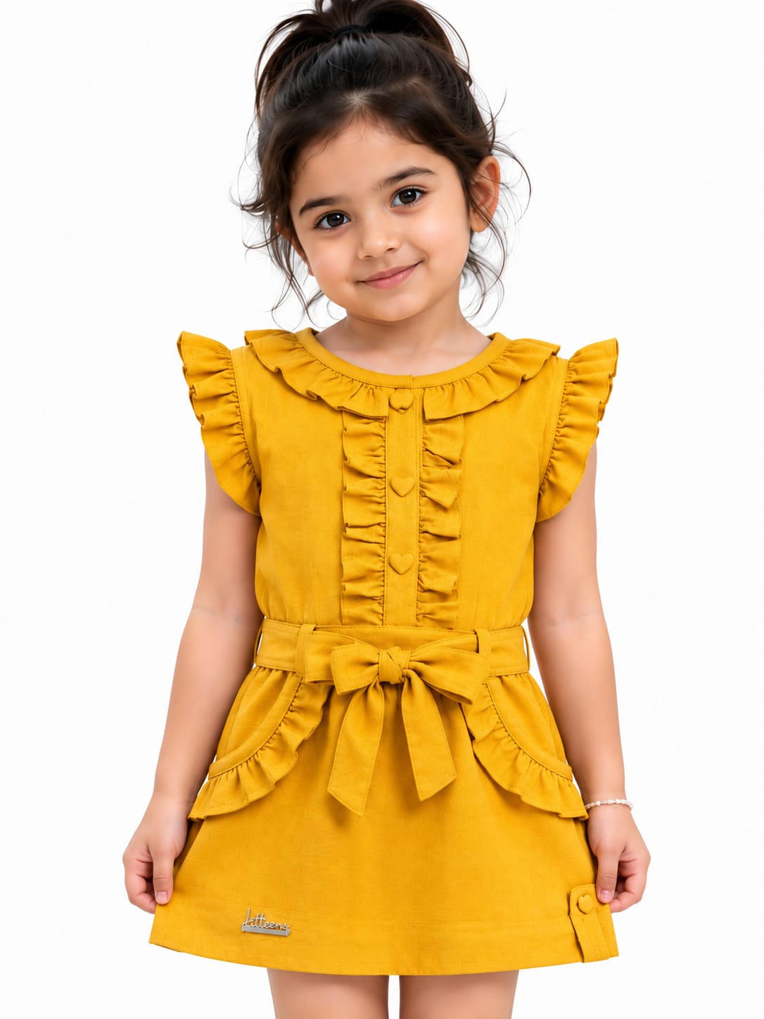 Girls' Ruffled Mustard Yellow Festive Frock