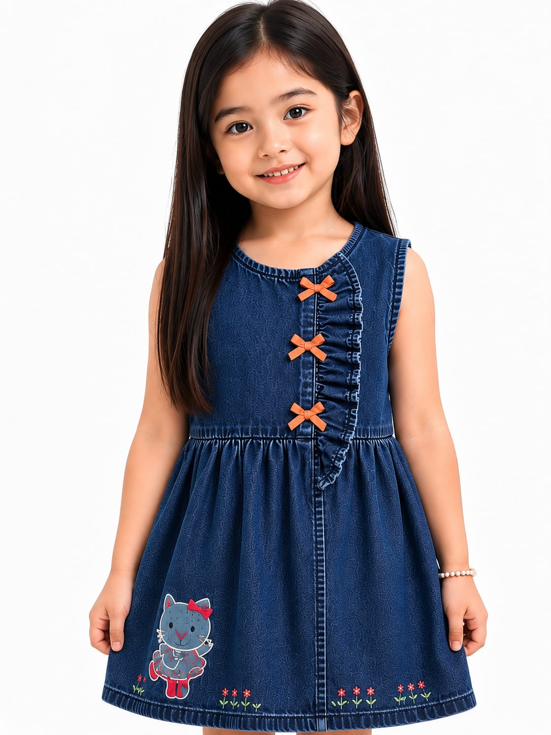 Girls' Embroidered Denim Sleeveless Frock