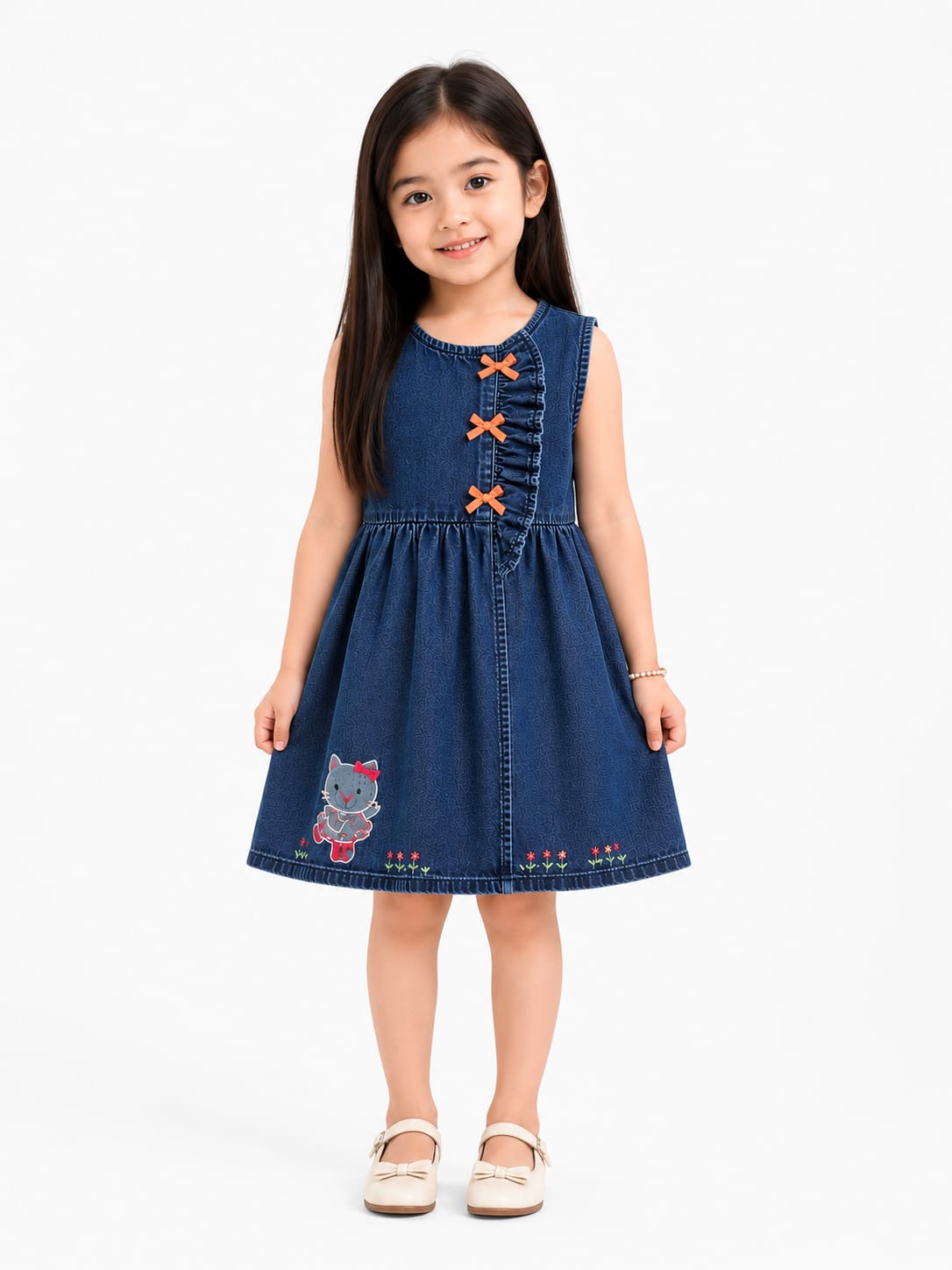 Girls' Embroidered Denim Sleeveless Frock