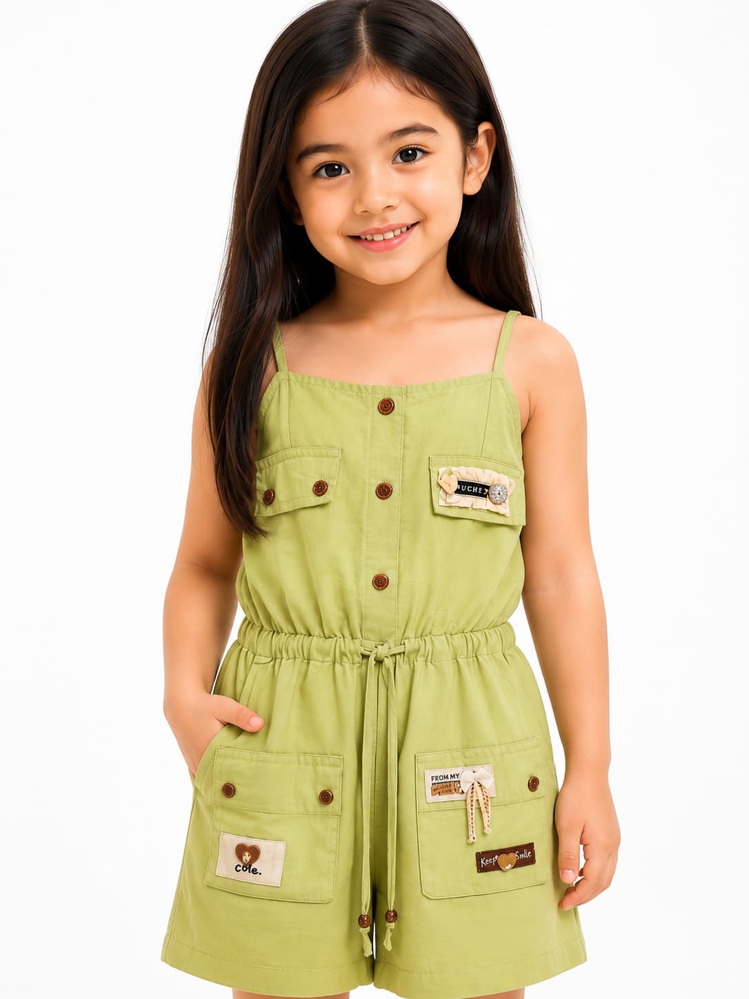 Girls' Utility-Style Pistachio Green Cotton Jumpsuit
