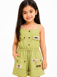 Girls' Utility-Style Pistachio Green Cotton Jumpsuit