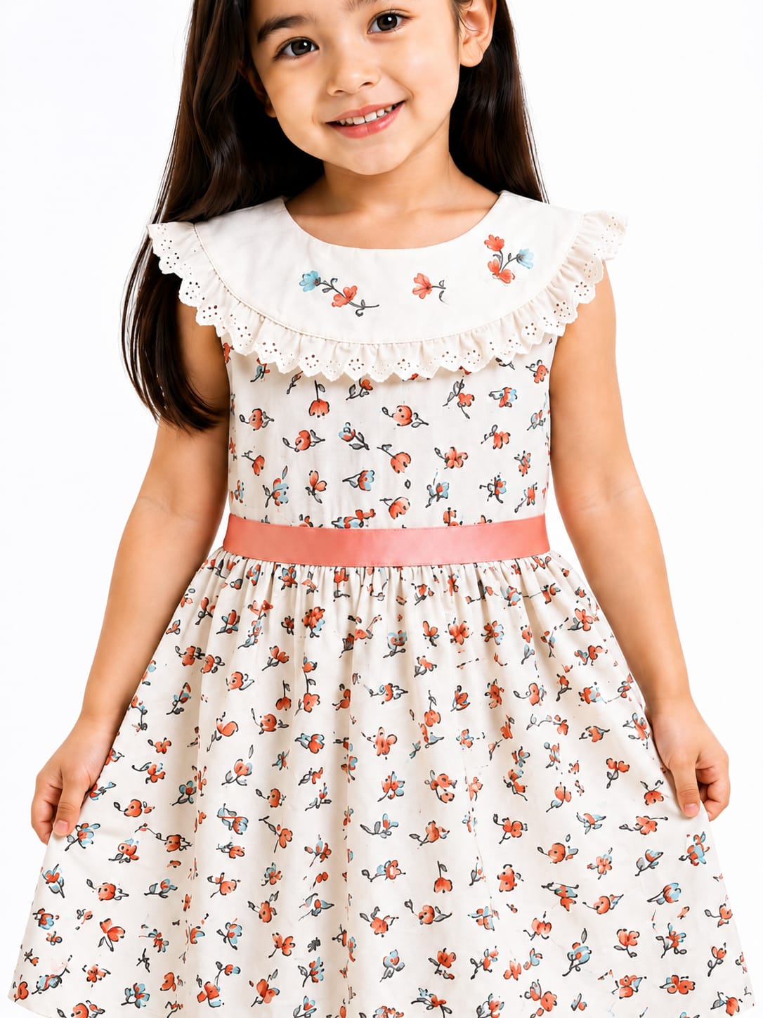 Girls' Vintage-Inspired Floral Frock with Eyelet Collar