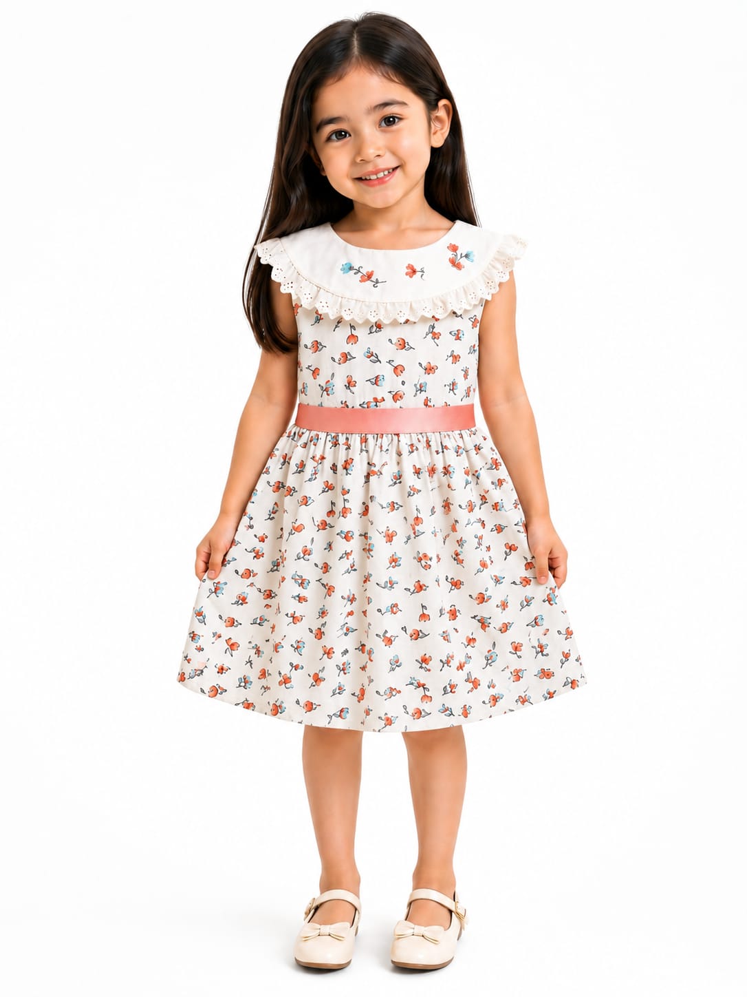 Girls' Vintage-Inspired Floral Frock with Eyelet Collar