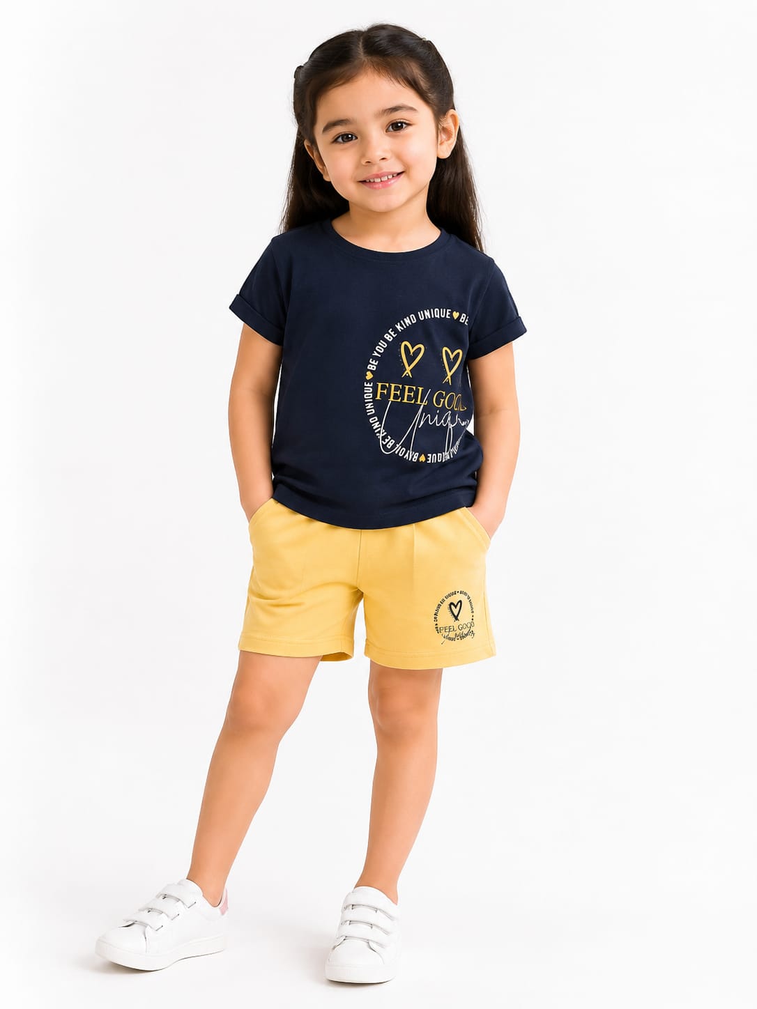 Girls' "Feel Good" Graphic Print Navy Blue T-Shirt