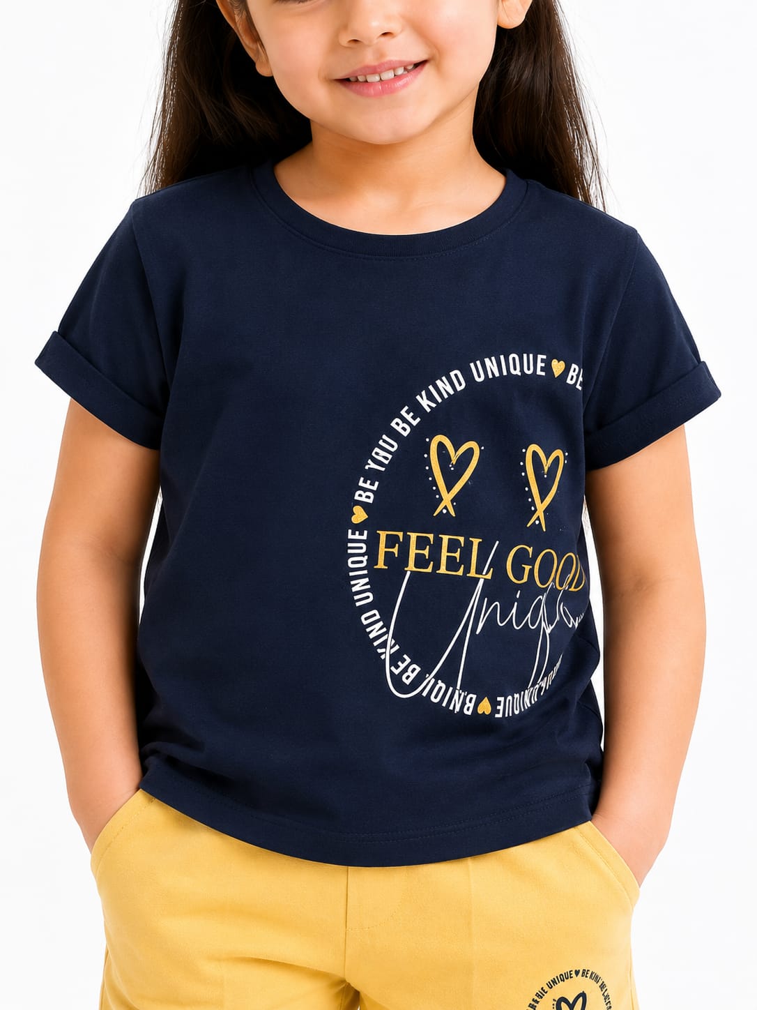 Girls' "Feel Good" Graphic Print Navy Blue T-Shirt