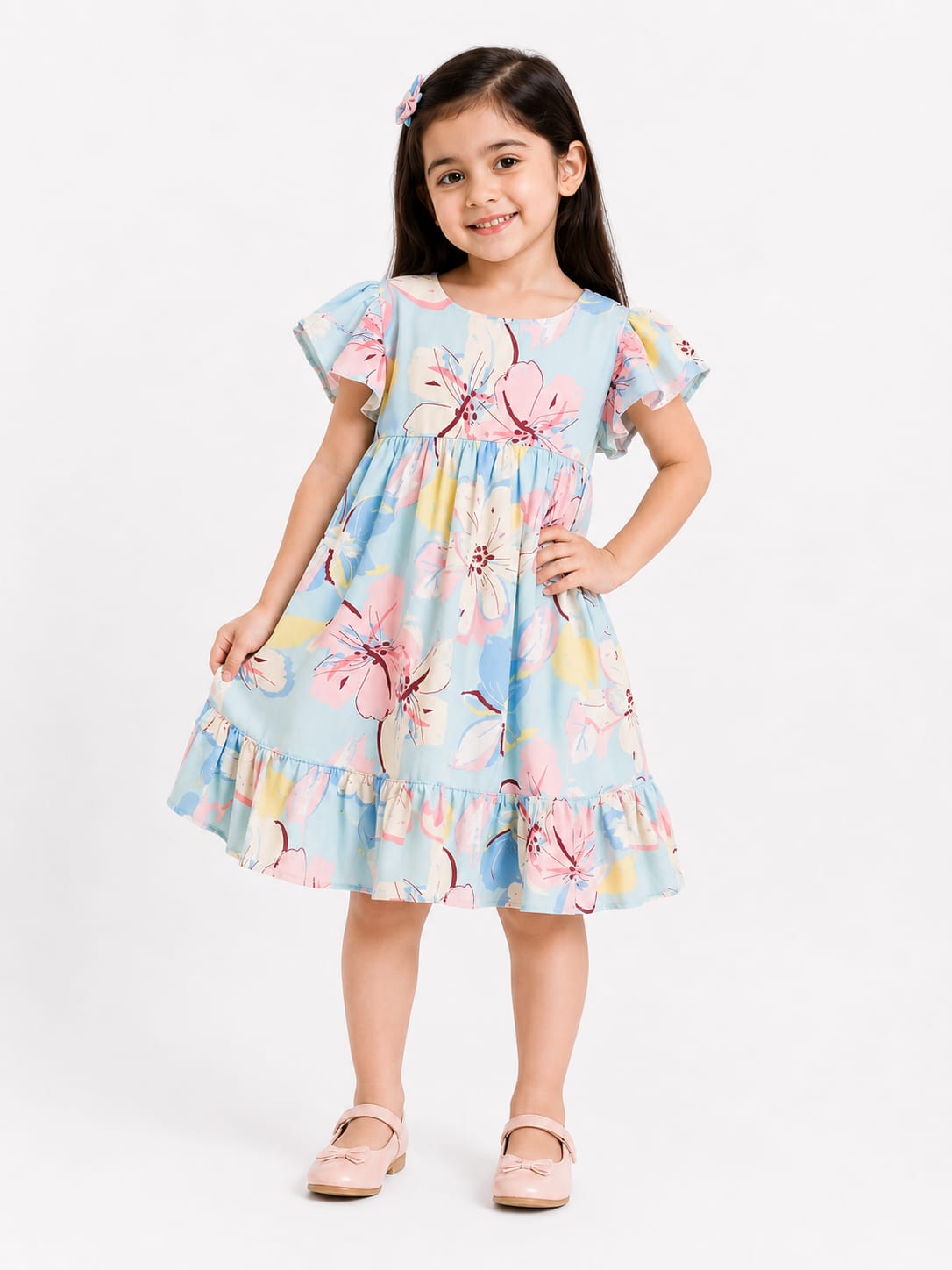 Girls' Pastel Floral Empire-Waist Flutter-Sleeve Frock