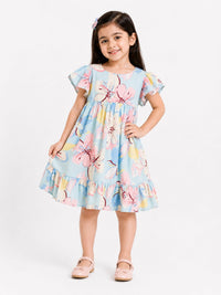 Girls' Pastel Floral Empire-Waist Flutter-Sleeve Frock