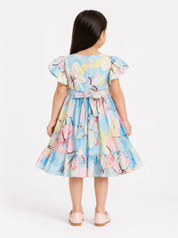 Girls' Pastel Floral Empire-Waist Flutter-Sleeve Frock