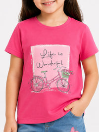 Girls' "Life is Wonderful" Bicycle Graphic Pink T-Shirt