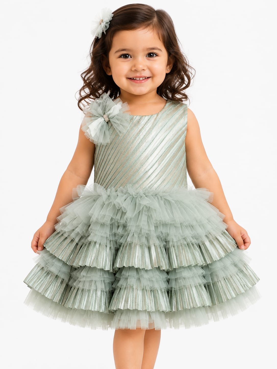 Girls Elegant Pista Green Metallic Ruffled Party Frock