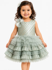 Girls Elegant Pista Green Metallic Ruffled Party Frock