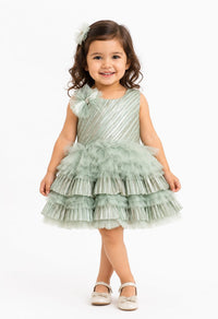 Girls Elegant Pista Green Metallic Ruffled Party Frock