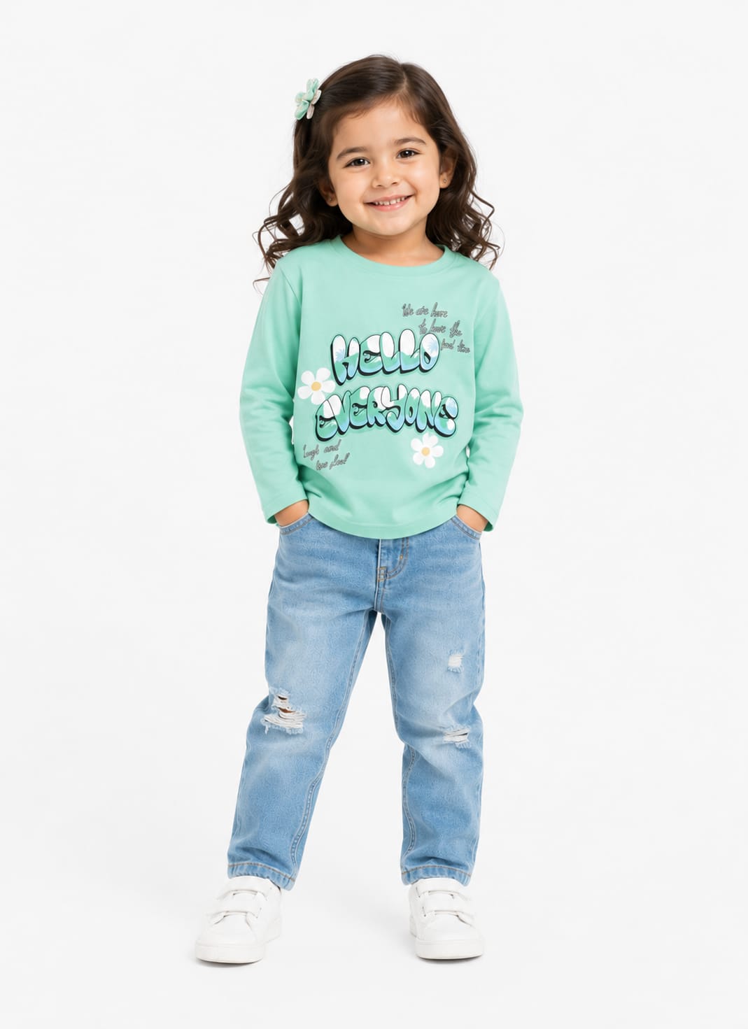 Girls Retro Mint "Hello Everyone" Full-Sleeve T-Shirt