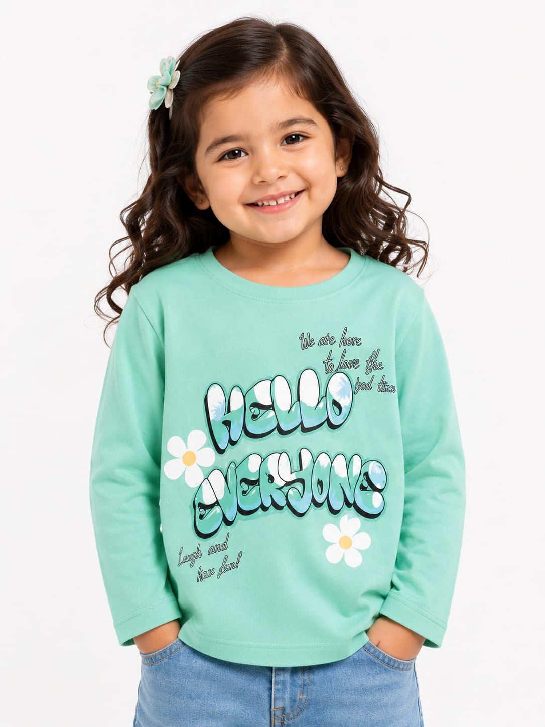Girls Retro Mint "Hello Everyone" Full-Sleeve T-Shirt