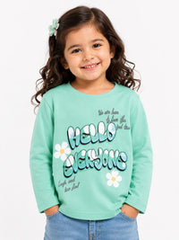 Girls Retro Mint "Hello Everyone" Full-Sleeve T-Shirt