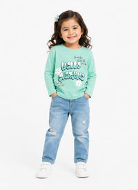 Girls Retro Mint "Hello Everyone" Full-Sleeve T-Shirt
